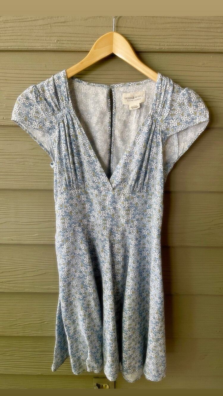 Vintage Denim & Supply Ralph Lauren Floral Babydoll Mini Dress Blue Boho S